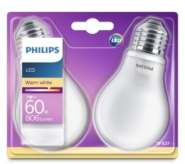2-pack Philips LED lamp E27 mat 60W 2700K 8718696472224