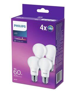Philips 4-pack led lamp E27 8W (60W) 2700K 8718696688380